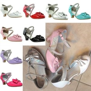 Kids Silver Rhinestone Strap Bow Low Heel KSH-47
